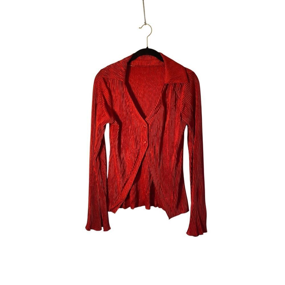 Lyaner women’s red, pleated V-neck bell sleeve cardigan Blouse whimsiGoth S